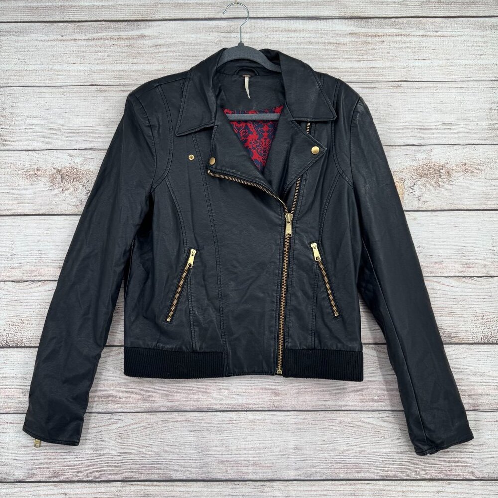 Free People Black Faux Leather Moto Jacket with Gold Hardware Sz L, LN